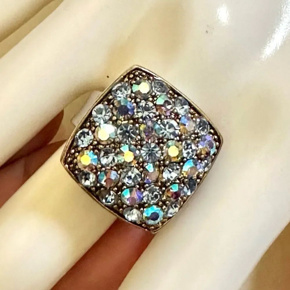 Silver tone rhinestone square adjustable ring